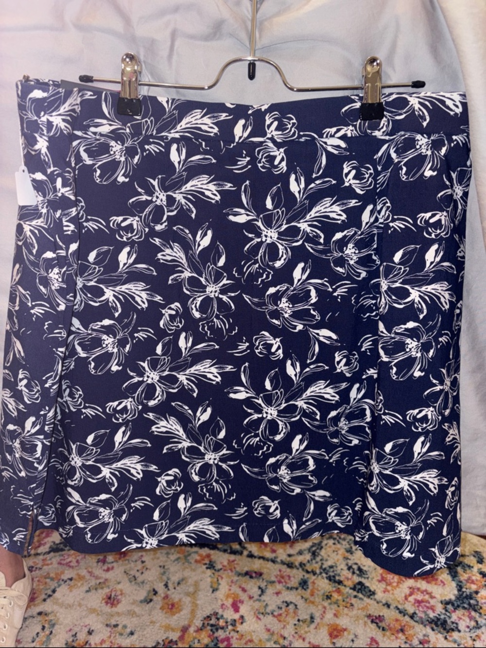 Rafaella Navy and White Floral A-Line Skirt